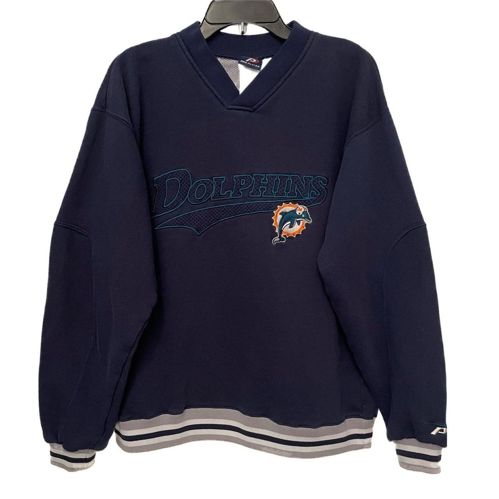 Vintage Pro Player Miam Dolphins Sweatshirt Warmup Mens Large Blue Logo Spellout